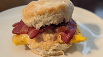 Bacon, egg, and pimento cheese biscuit